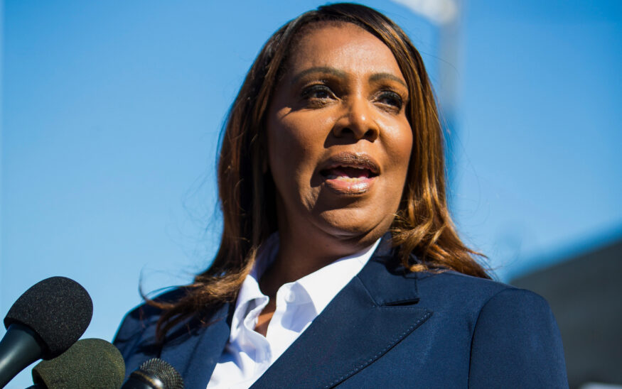 FILE - New York Attorney General, Letitia James, speaks after pleading not guilty outside the United States District Court Oct. 24, 2025, in Norfolk, Va. (AP Photo/John Clark, File)