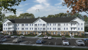 A rendering of one of the apartment buildings proposed for Delphi Housing Development, a 300-unit community along West Henrietta Road and Erie Station Road. (Rendering from application submitted to the town of Henrietta/created by James Fahy Design Associates)