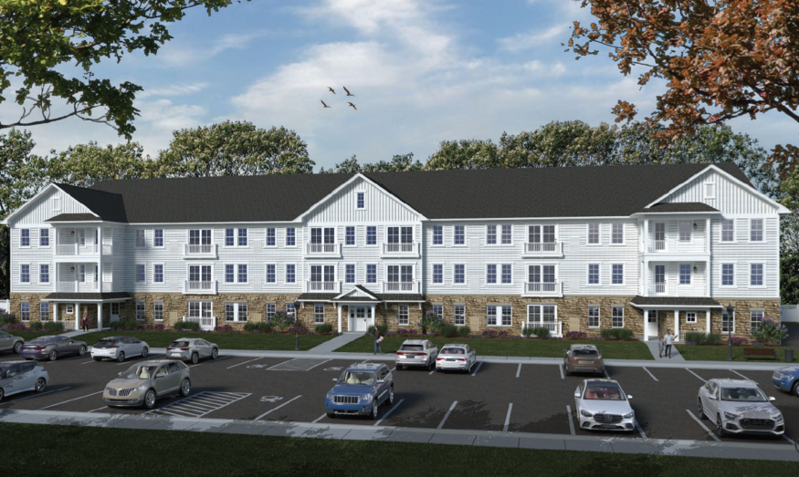 A rendering of one of the apartment buildings proposed for Delphi Housing Development, a 300-unit community along West Henrietta Road and Erie Station Road. (Rendering from application submitted to the town of Henrietta/created by James Fahy Design Associates)