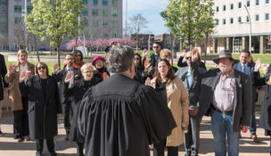 Attorneys renew their oaths on May 1 at the Civic Center Plaza in downtown Rochester. (Photo provided by MCBA)