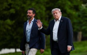 President Donald Trump and his son Donald Trump Jr. arrive at the White House in Washington on May 3, 2026. (REUTERS/Annabelle Gordon/File Photo)