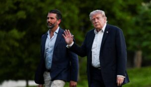 President Donald Trump and his son Donald Trump Jr. arrive at the White House in Washington on May 3, 2026. (REUTERS/Annabelle Gordon/File Photo)
